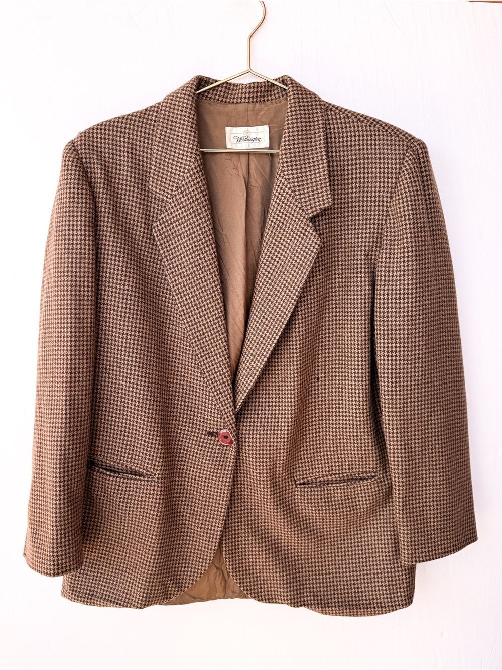 Vintage Worthington Wool Brown Houndstooth Plaid Blazer Size 14